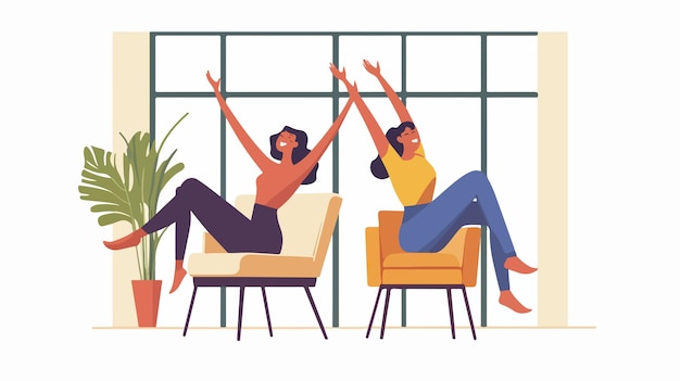 Vector joyful women stretching on chair in large room