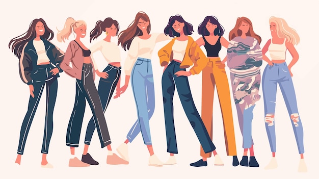 Vector joyful young adult female friends standing together in casual wear