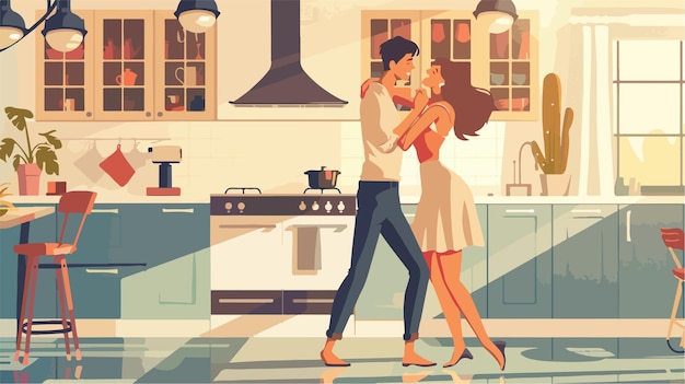 Vector joyful young couple dancing happily in kitchen vector illustration