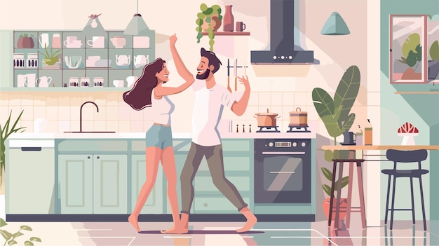 Joyful Young Couple Dancing Happily in Kitchen Vector Illustration