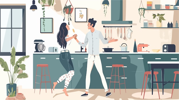 Vector joyful young couple dancing happily in kitchen vector illustration