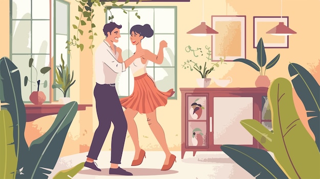 Joyful Young Couple Dancing at Home Vector Illustration