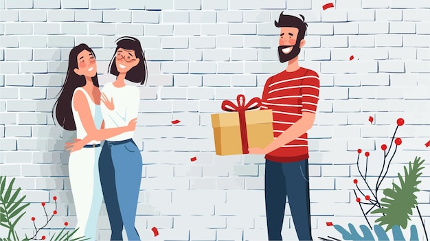 Vector joyful young couple presenting gift box against white brick wall