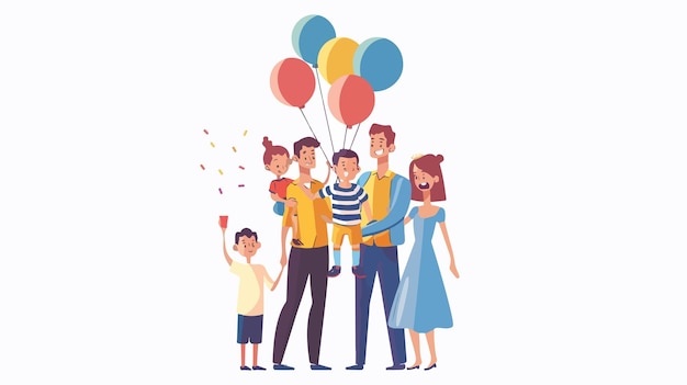 Vector joyful young family celebrating with colorful balloons outdoors