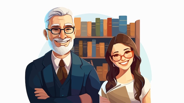 Vector joyful young female student learning from professor in library