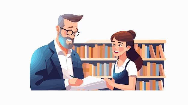 Vector joyful young female student learning from professor in library