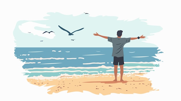 Joyful Young Man Enjoying Freedom with Arms Outstretched on Beach