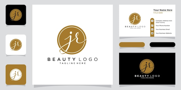 JR Initial handwriting logo vector with business card design Premium Vector