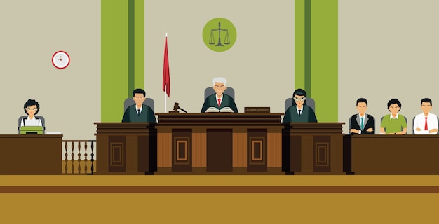 The judge and the jury sit on the throne in the courtroom