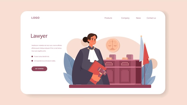 Judge web banner or landing page. Court worker stand for justice and law. Judge in traditional black robe hearing a case and sentencing. Judgement and punishment idea. Flat vector illustration