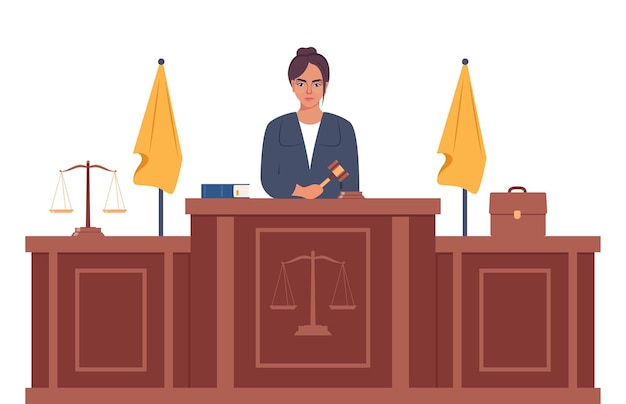 Vector judge with hammer woman in black robe with gavel jurisprudence justice and law