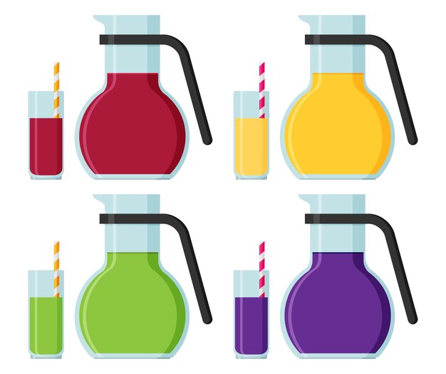 Jug and a glass of juice vector flat set