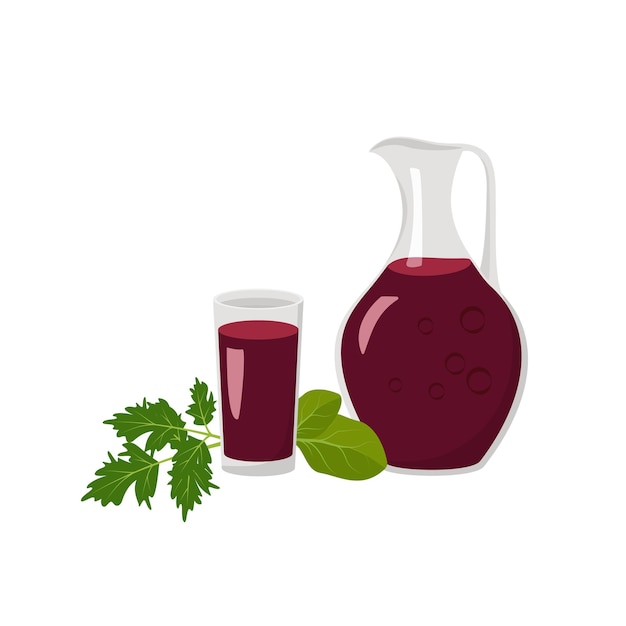 Jug and glass with red beetroot juice parsley and spinach leaves Delicious healthy drink and weight loss product with vitamins and antioxidants Vector flat food illustration