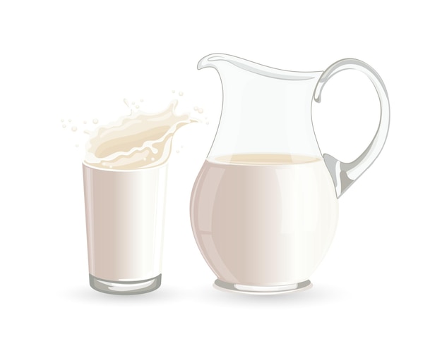 A jug of milk and a glass of milk on a white background Healthy drink illustration vector