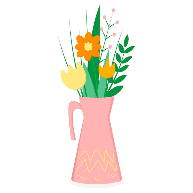 Vector jug with flowers and leaves in a flat style