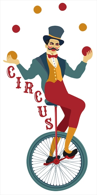 Vector juggler on unicycle circus performer petro vector isolated illustration