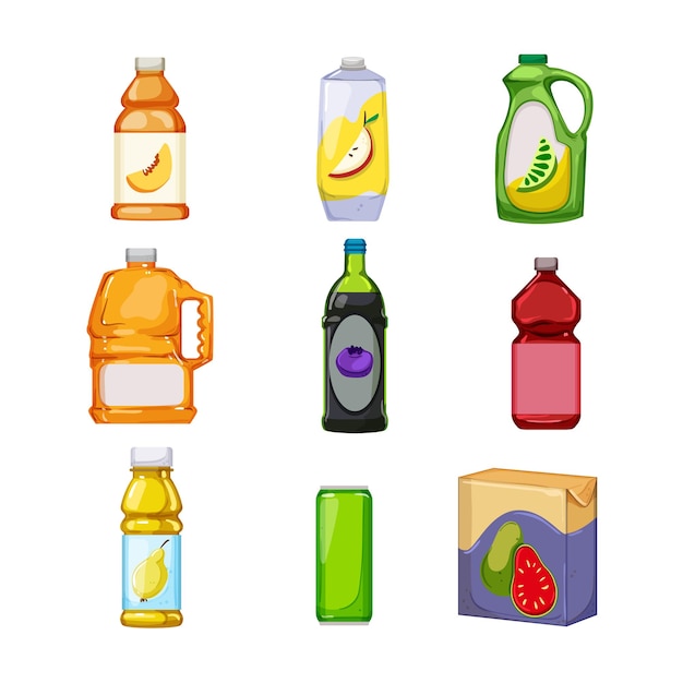 Juice bottle set cartoon vector illustration