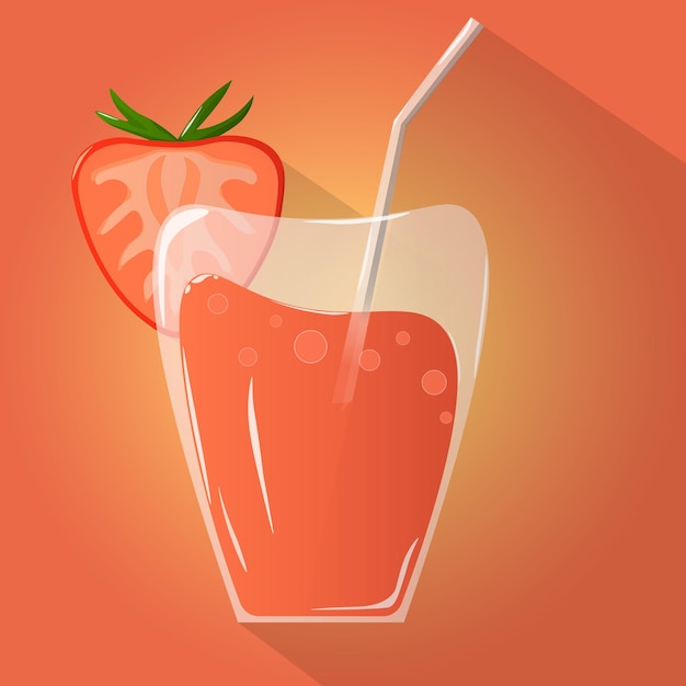 Juice glass strawberry cocktail icon with slice Realistic design long shadow Vector illustration Hand drawn