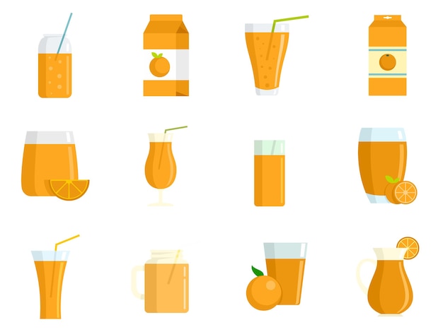 Juice orange icons set. Flat set of juice orange vector icons isolated on white background