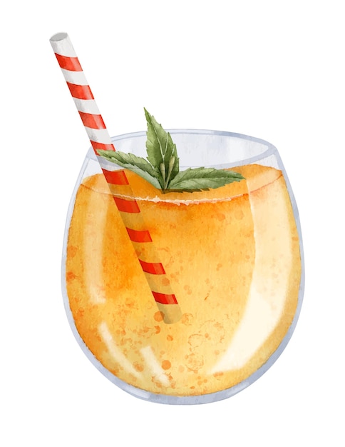 Juice of orange or papaya in glass with straw and mint Hand drawn illustration of summer tropical exotic cold beverage on isolated background Drawing of sweet cocktail for bar breakfast menu