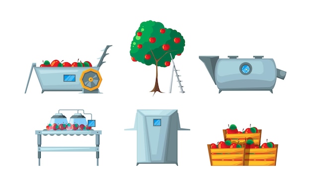 Juice production Fruits plants beverage conveyor industry production apple juice garish vector illustrations in flat style