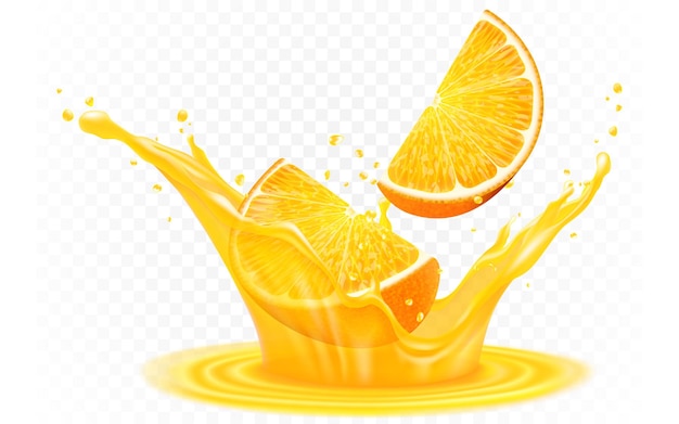 Juice splash with orange slice realistic vector 3d citrus fruit liquid summer tropical vacation drink symbol Fresh vitamin sweet liquid flowing in motion isolated background illustration