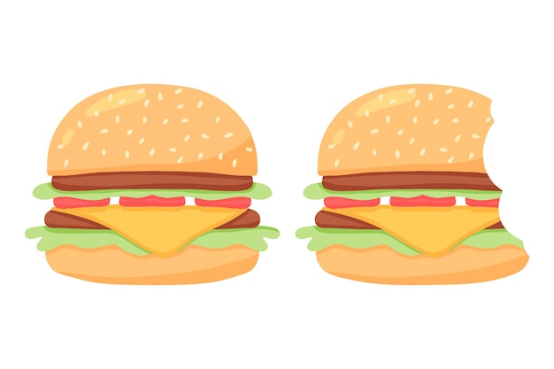 Juicy burger Delicious hamburger with tomato Vector illustration in cartoon style A whole and bitten burger