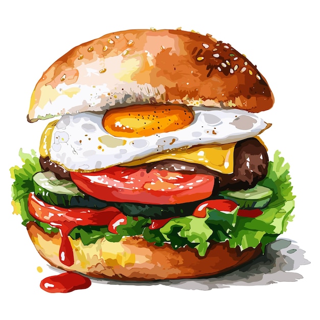 Juicy cheeseburger with a fried egg lettuce tomato cucumber and ketchup