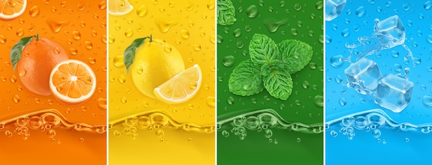 Juicy and fresh fruit. Orange, Lemon, mint, ice water. Dew drops and splash illustration set