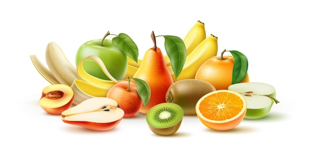 Juicy fruit 3D appetizing fresh pear bananas and apples Whole and half peach Vitamin kiwi and orange Realistic natural vegetarian food Plant products composition Vector concept