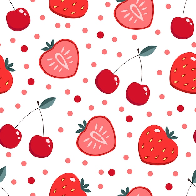 Juicy fruits pattern design with bright strawberry and cherry polka dot concept