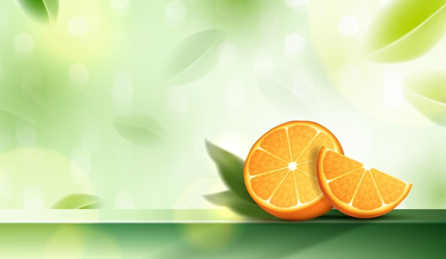 Juicy oranges with green leaves on premium podium display for product applicable for fruit juice advertising cosmetics vitamin C or skin care vector design