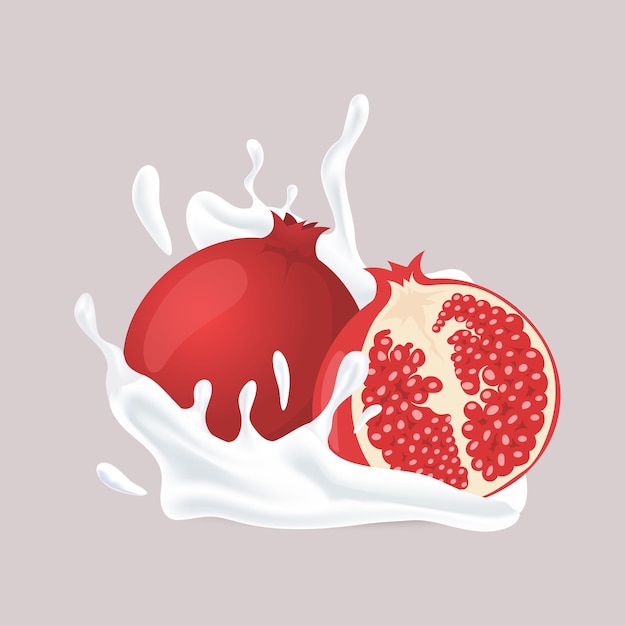 Juicy pomegranate and splash of white liquid cartoon illustration isolated