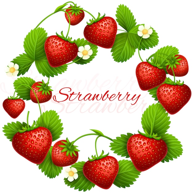 Juicy strawberry frame wreath. Health dessert eating strawberries background. 