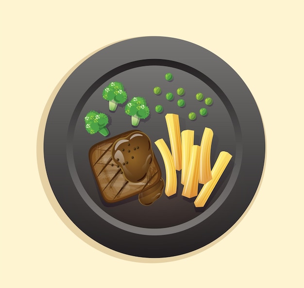 Juicy tasty steak on a black plate vector illustration