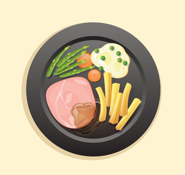 Juicy tasty steak on a black plate vector illustration