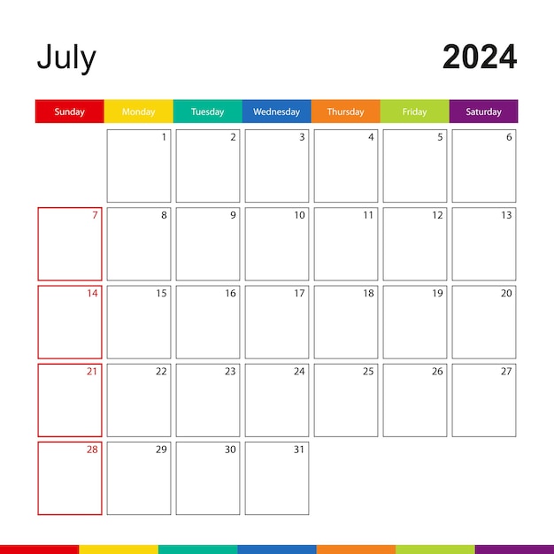 Vector july 2024 colorful wall calendar week starts on sunday