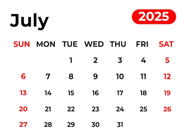 Vector july 2025 monthly calendar design in clean look