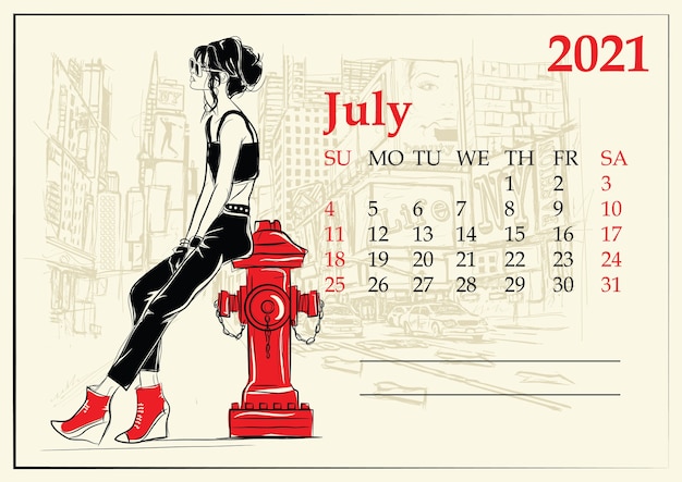 July.  Calendar with fashion girl in sketch style.