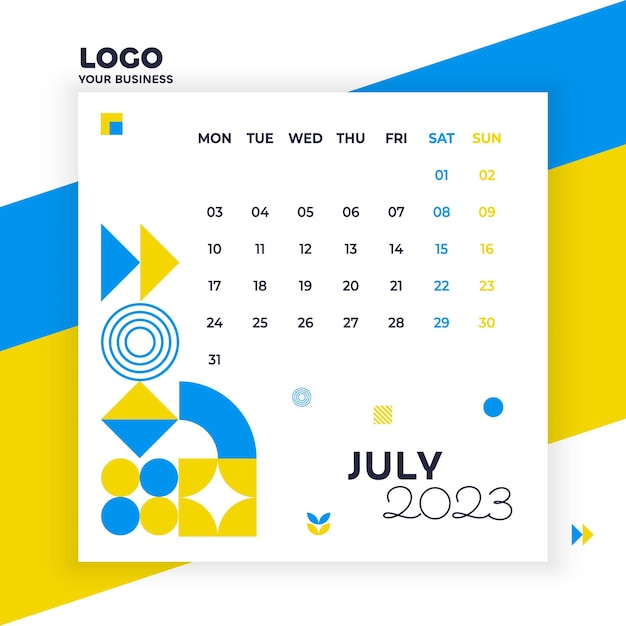 July month advertising print poster in blue and yellow colors geometric calendar 2023