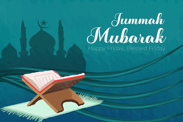 Jumma Mubarak Muslim Islamic celebration background with water color illustration Premium Vector