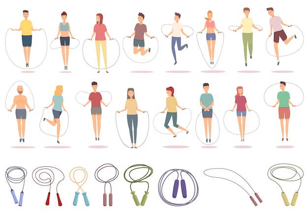 Jump rope icons set cartoon vector. Body activity