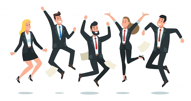 Jumping business team. Office workers jump, happy corporate colleagues jumped together and teamwork fun  cartoon illustration