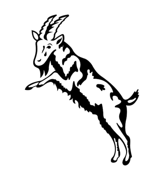 Jumping Goat Silhouette Vector black and white illustration painting