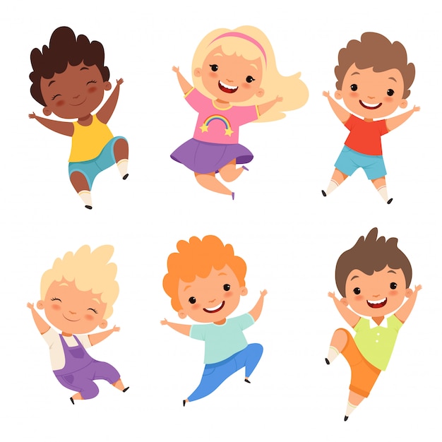 Jumping kids, Happy school children smile laugh boys and girls playing cartoon characters