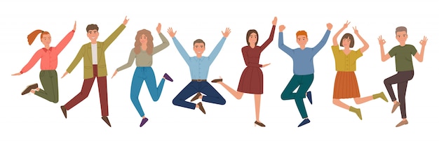 Vector jumping people group with raised hands and smile. joyful laughing men and women. cartoon characters isolated.