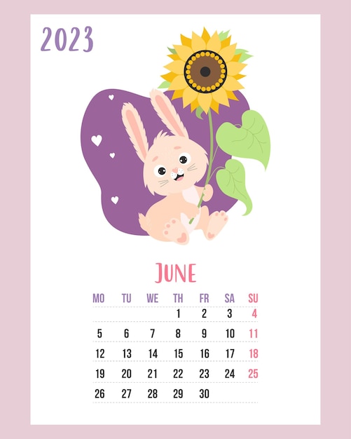 June 2023 calendar Cute bunny with yellow flower sunflower  Week from Monday In English