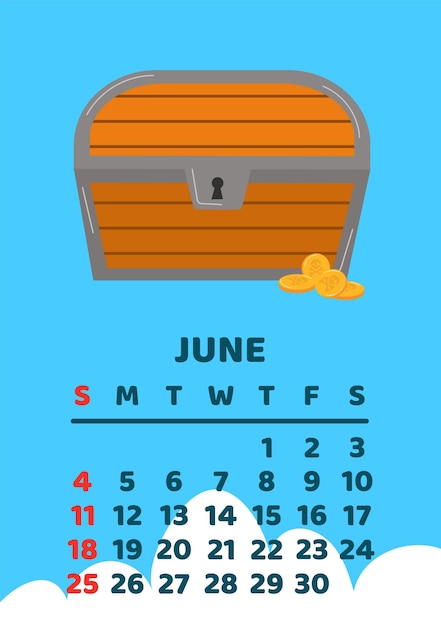 June 2023 calendar page Vector cartoon illustration with cute treasure chest Template for print Vertical layout White background