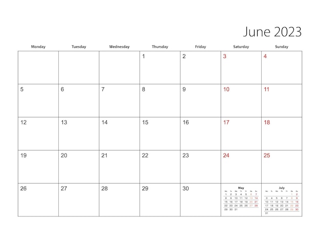 June 2023 simple calendar planner week starts from Monday