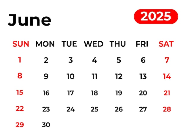 June 2025 monthly calendar design in clean look